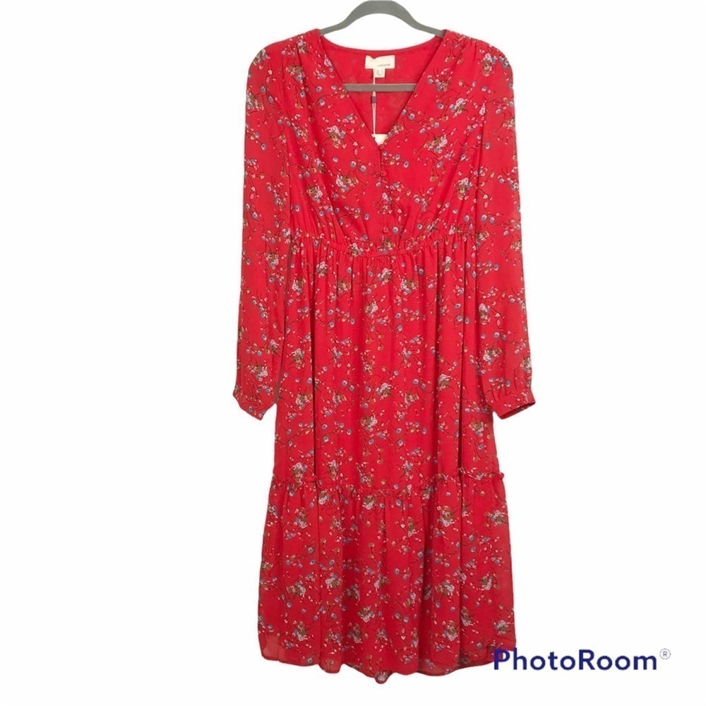 The Korner red floral print v neckline maxi dress size S NWOT